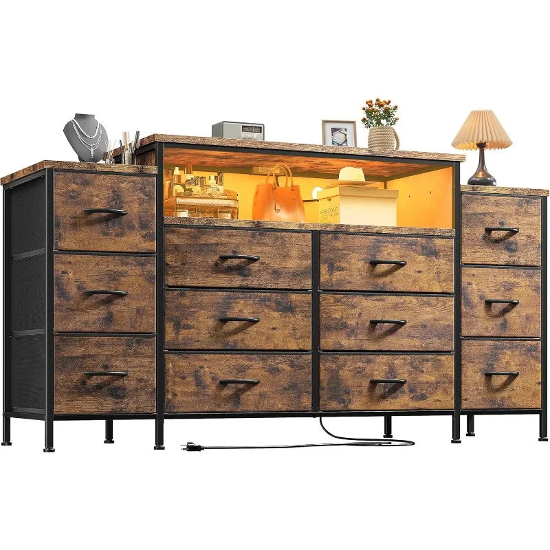 

Комод шириной 55 дюймов для спальни со светодиодной подсветкой и зарядной станцией Комоды и комоды с 12 ящиками Комод Подставка под телевизор для