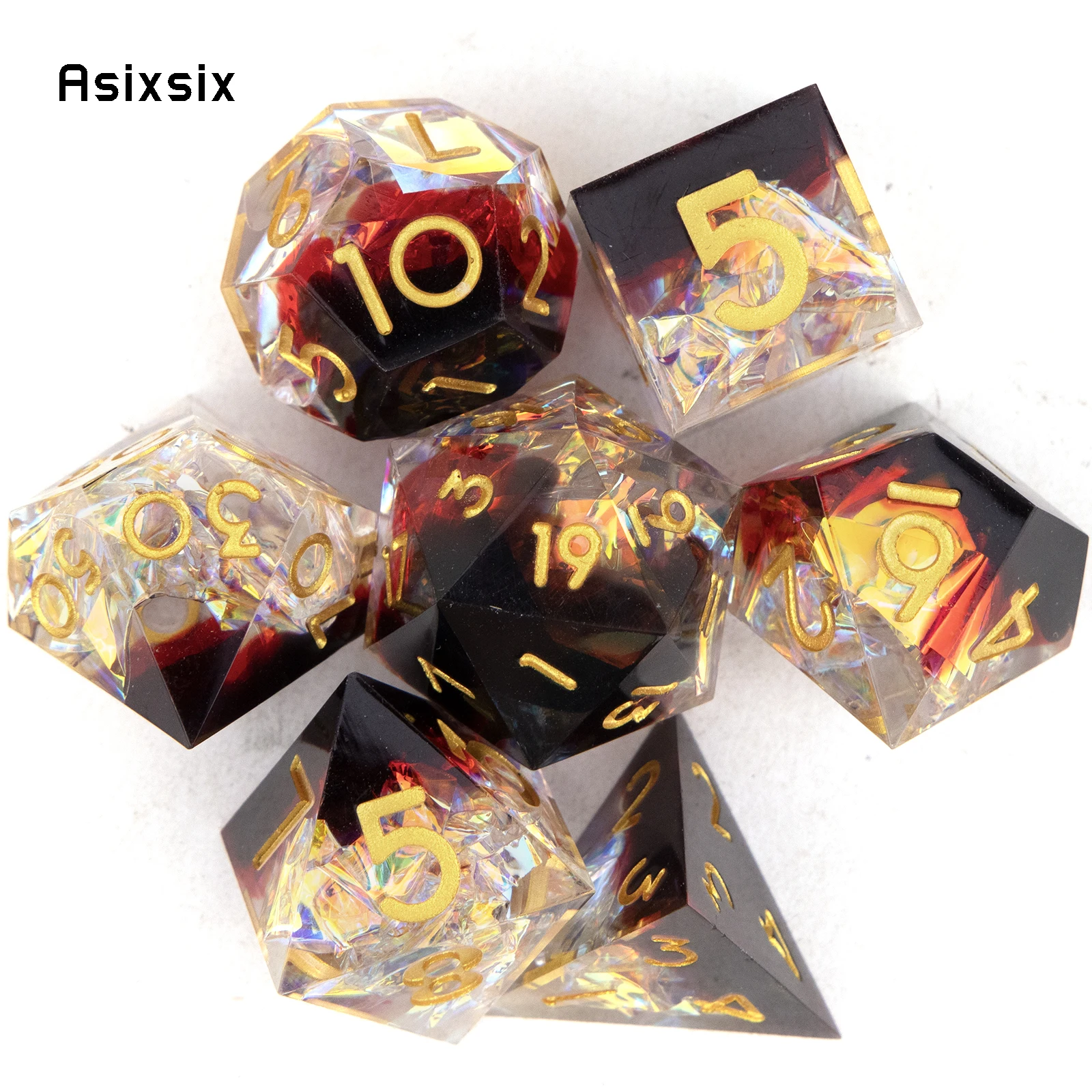 7 Pcs Black Red Yellow Number Sharp Edge Resin Dice Polyhedral Dice Suitable for Role-Playing RPG    Board Game