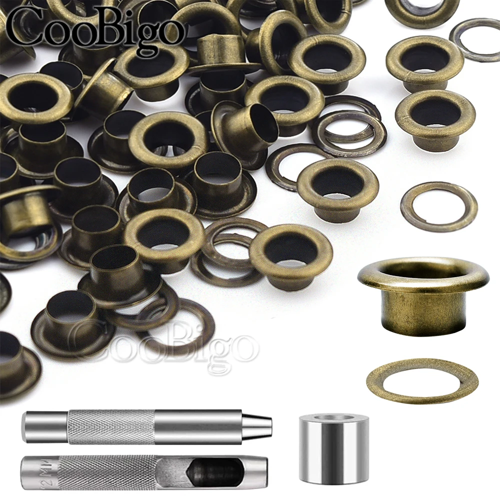 200 set occhielli in metallo occhiello passacavo punzonatrice kit di strumenti di installazione per scarpe borsa da cintura indumento artigianale in pelle fai da te bronzo 2mm ~ 17mm
