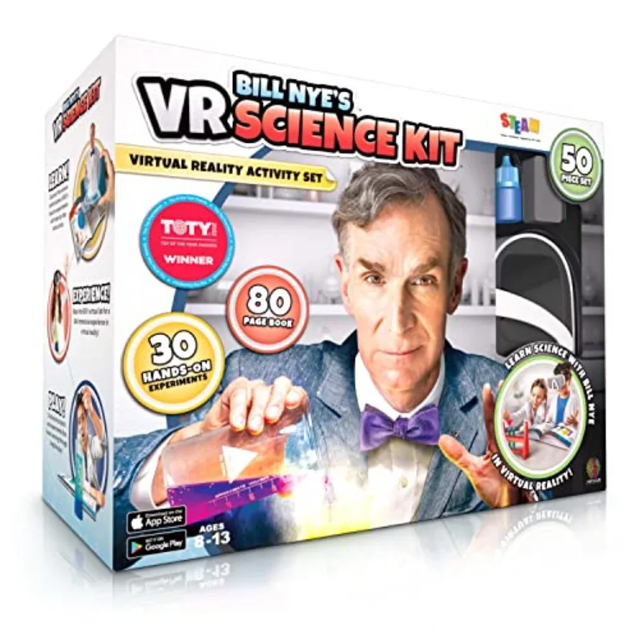 VR Science Kit for kids aged 8+, durable plastic goggles, blue and gray, immersive interactive STEM learning with book and full