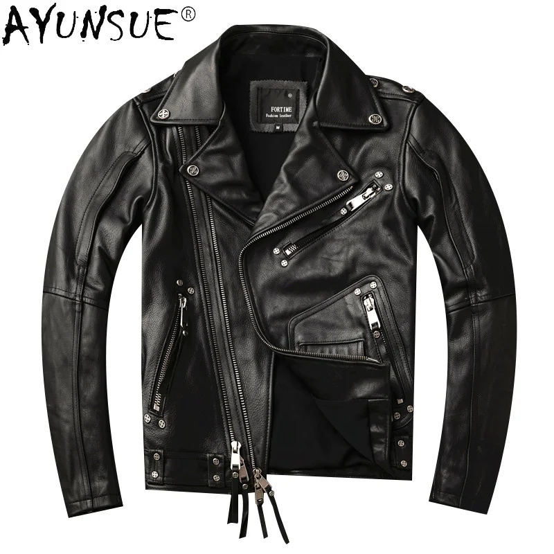 

Fashion Men Leather Jacket Slim Cowhide Genuine Coat Motorcycle Short Black Coats Clothes Jaqueta Masculina WPY3693