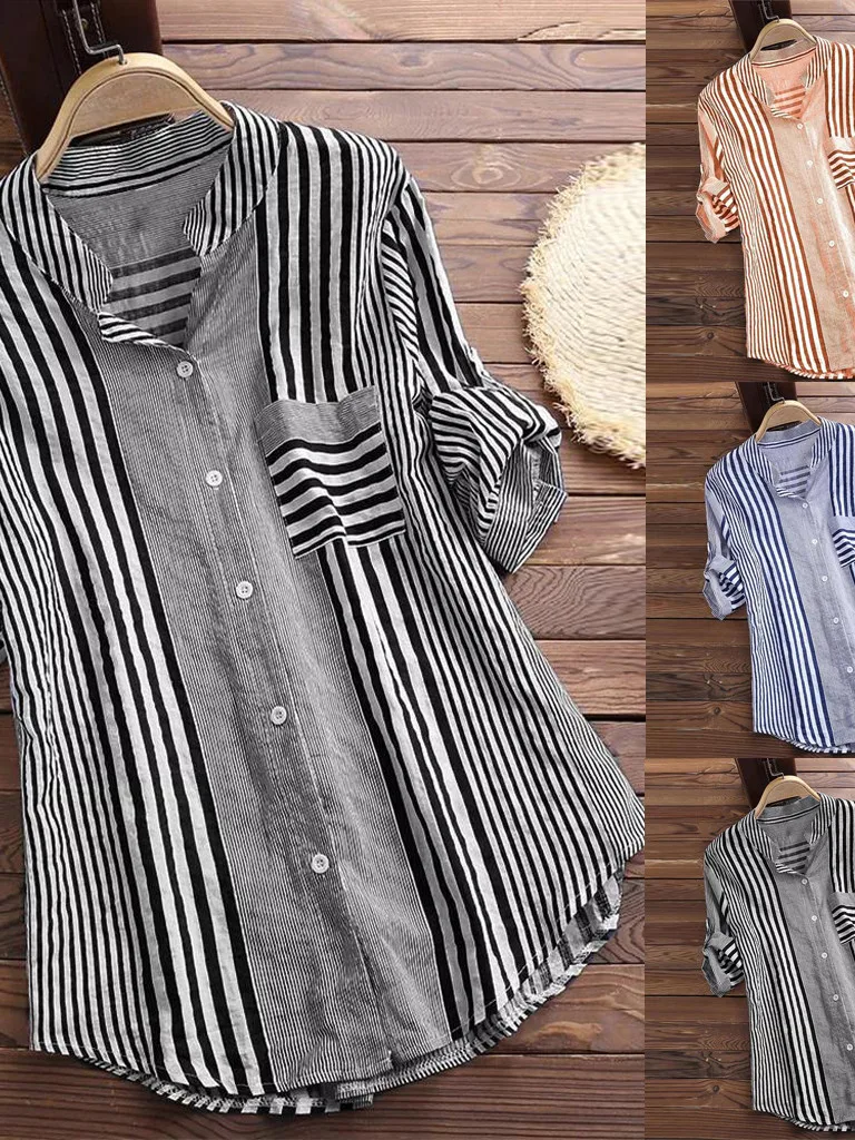 Loose Striped Women's irt Large Size Long Sve Street Sle V-Ne Button up Casual Summer Faion Ladies' Big Fit Top