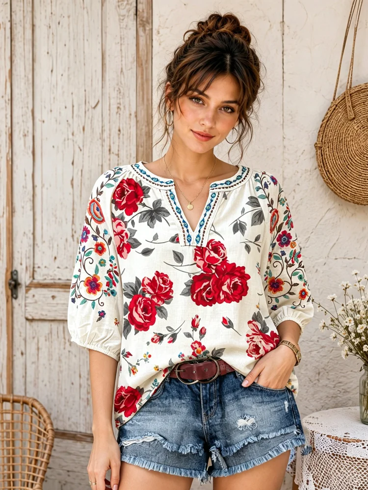 Women Red Rose Floral Print Peasant Blouse V Notch Neck Ethnic Embroidery Trim 3/4 Puff Sleeve Boho Summer Casual Top