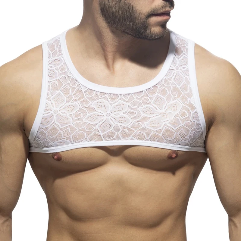 Sexy Mens Lace Chest Harness Lingerie See Through Sissy Slip Homme Crop Tops Exotic Chest Harness Tanks Nighclub Gay Costumes