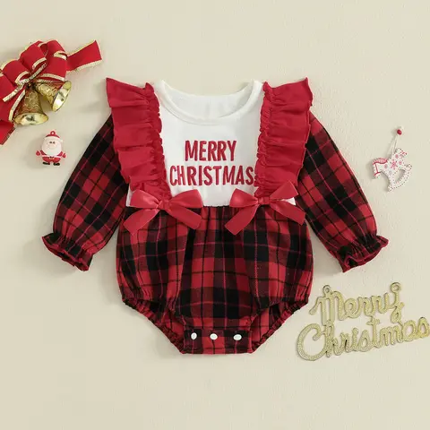 Christmas Outfit Infant Baby Girl Merry Christmas Plaid Ruffle Long Sleeve Romper Bodysuit Bubble Clothes