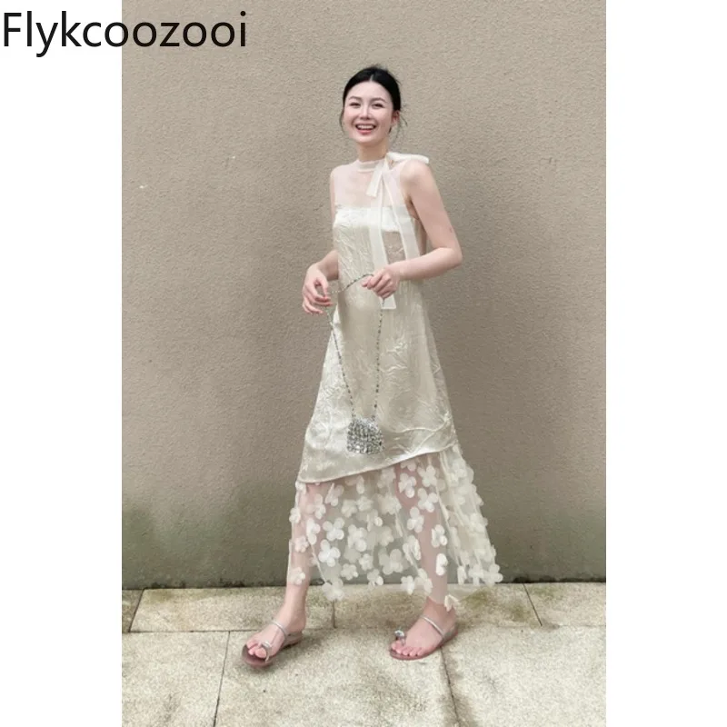 

Lady Fairycore Appliques Floral Spliced Mesh Tank Dress Women Beach Sweet Bow Sleeveless A-line Loose Vacation Premium Dress