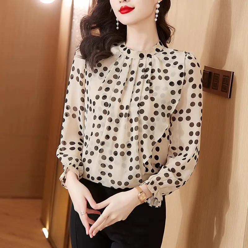 Elegant Commute Polka Dot Printed Chiffon Shirt for Female Autumn Round Neck Long Sleeve Temperament Blouse Women\'s Clothing