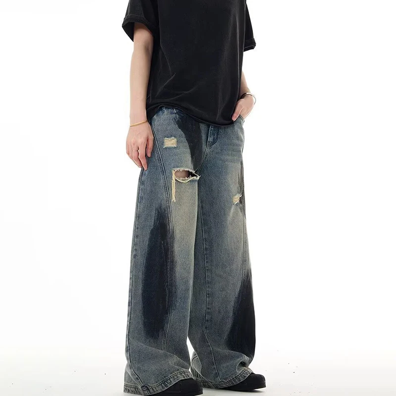Retro herenbroek met rechte pijpen, casual broek, gescheurde denim, jeans in paarstijl, mode-jeans, blauwe jeans met kleurblokken