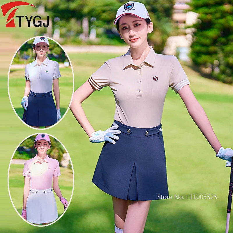 TTYGJ Golf Women's Polo Shirts Short Sleeve Slim T-Shirt Breathable Top Lady High Waist Sports Tennis Skort Casual Skorts Suit