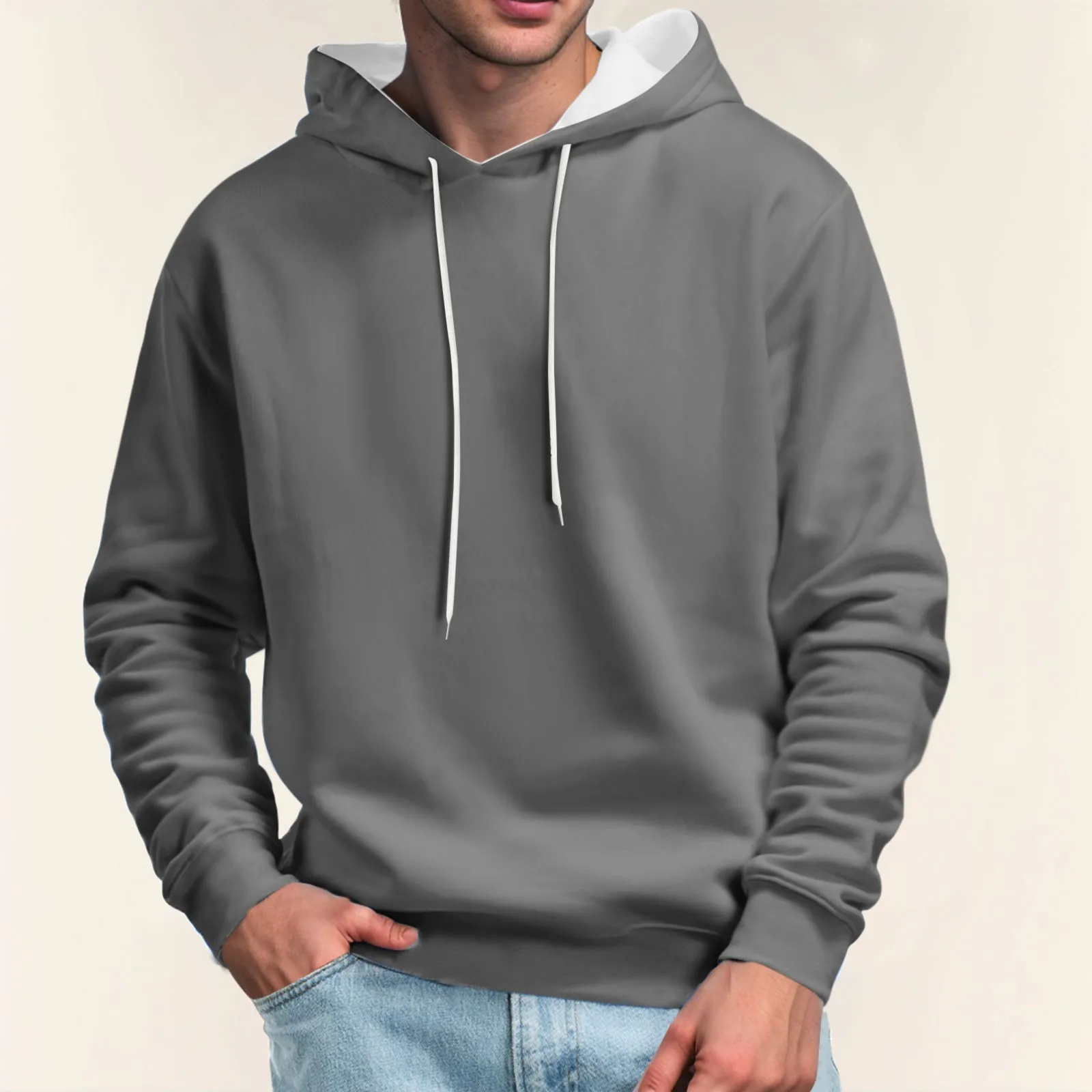 

Autumn and Spring Men Clothing Sweater Solid Color Pullover Casual Loose Pocket Polyester Hooded Long-sleeved Sweatshirt Tops