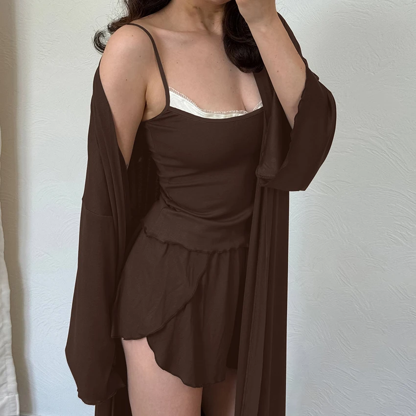 HiLoc Brown Casual Knitted Pajamas 3 Piece Set Long Sleeve Lace-Up Long Nightgown Sleeveless Camisole Top Elastic Waist Shorts
