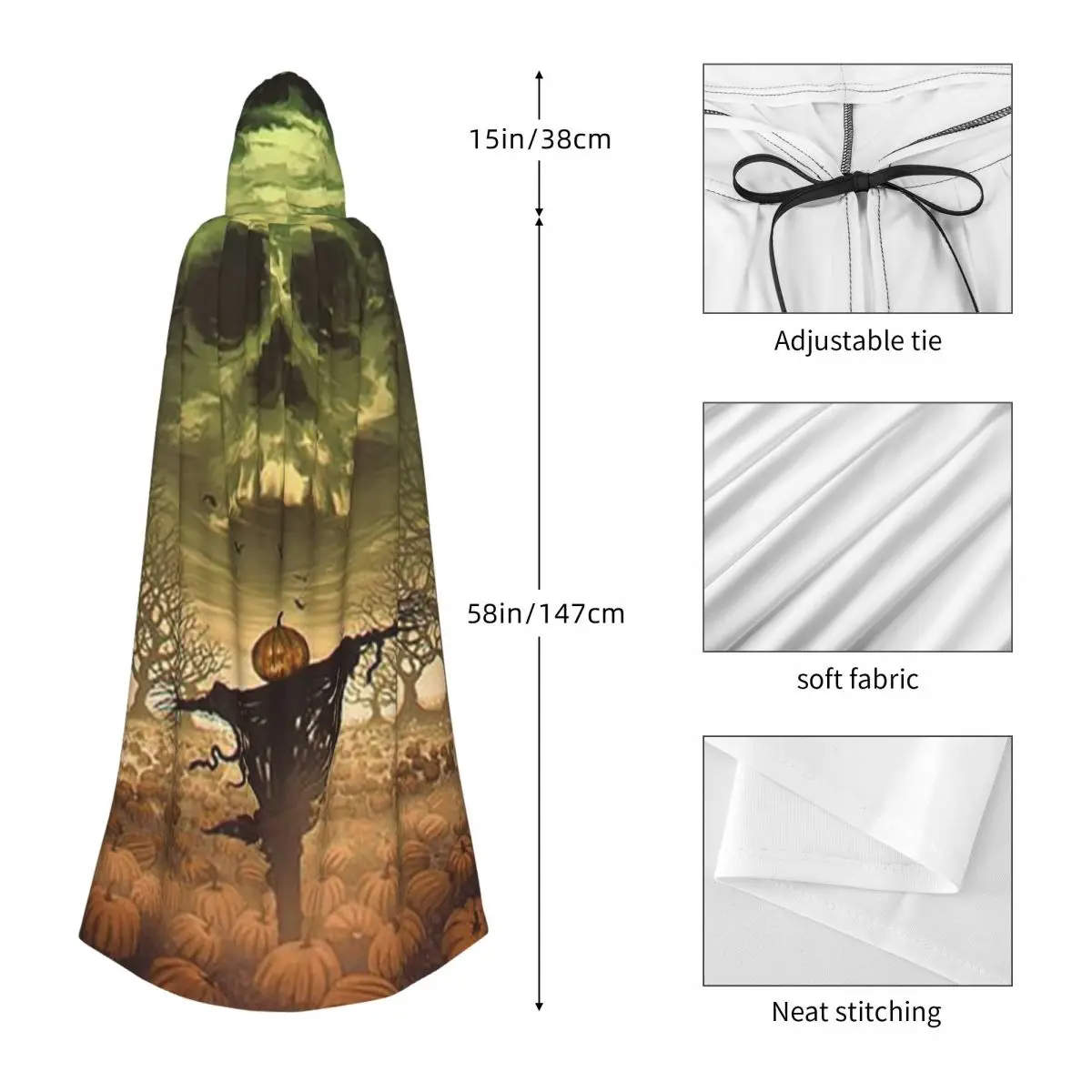ハロウィンコウモリ ジャック・オ・ランタン カボチャと幽霊 魔女 ロングフード付きマント 魔女 中世コスチューム コスプレケープ ハロウィンコート
