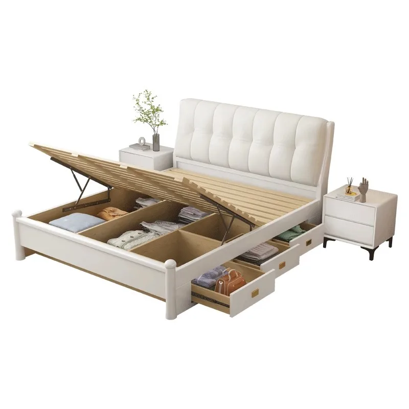 Simple solid wood bed soft bag double bed small apartment master bedroom high box storage bed