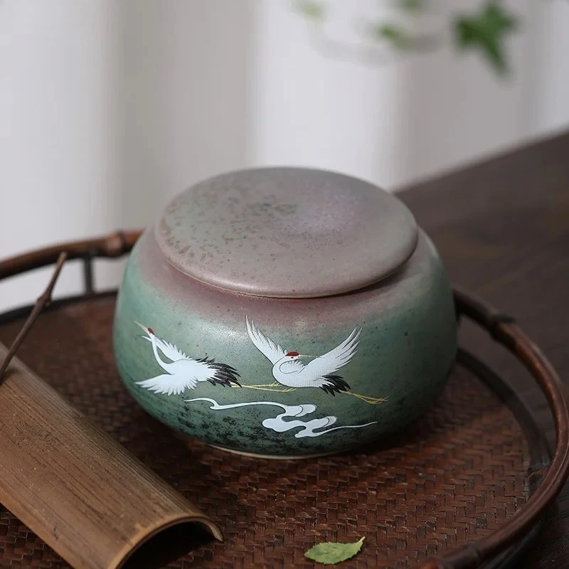 Crane Tea Caddy Ceramic Storage Jar Tea Box Sealed Jar Candy Jars Grain Tank Container Organizer