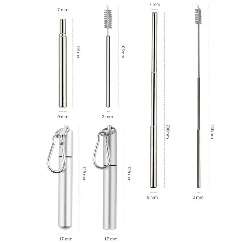 

Retractable Stainless Steel Straw Portable Stainless Steel Straw Set with Keychain Case Brush Reusable Metal Straws for Travel