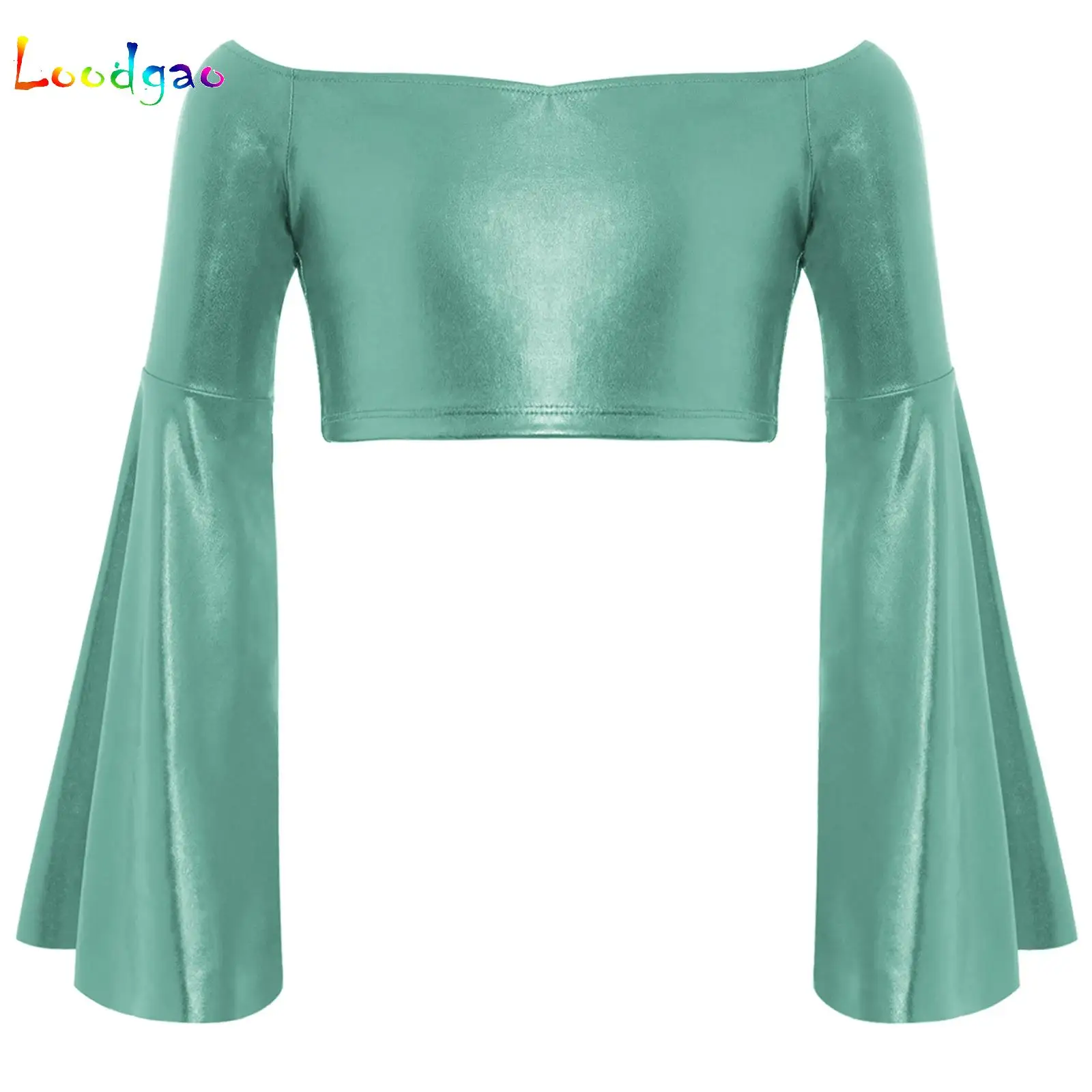 Kids Girls Jazz Dance Crop Top Long Flared Sleeve Off-Shoulder Metallic Shirt for Birthday Party Stage Performance Dancewear