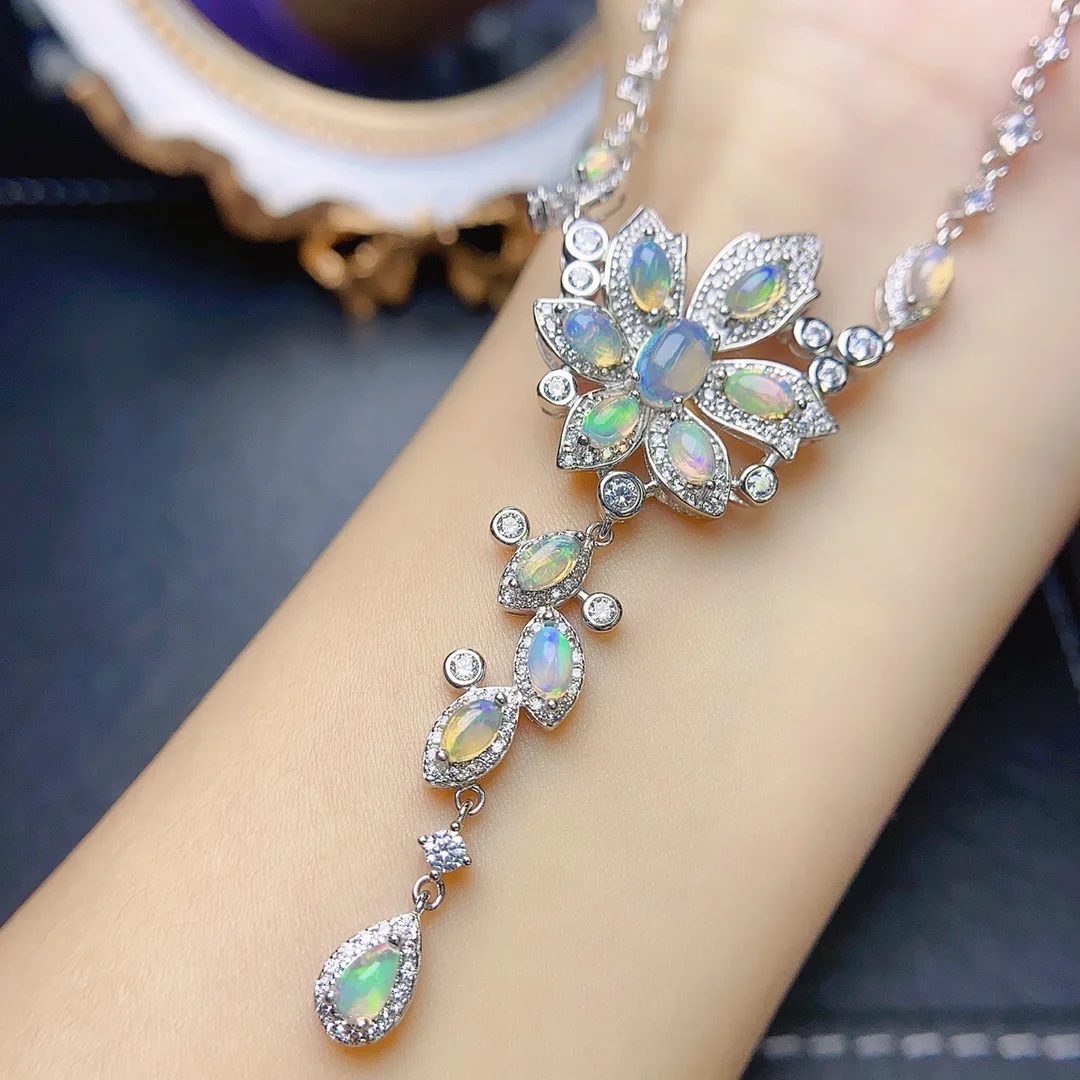 S925 Silver Handcrafted Vintage Floral Drop Necklace Natural Opal Mixed Size 3*5mm 4*6mm Halo Crystal Wedding Choker