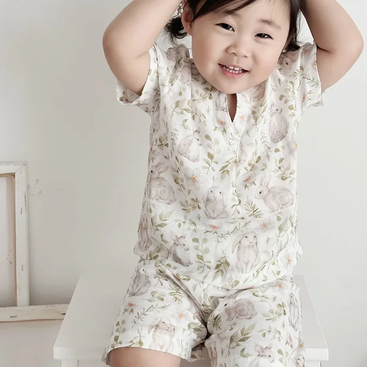 2024 Summer Children's Pajamas Nordic Style Bamboo Cotton Baby Home Clothing Soft Summer Short Sleeve Girls' Pajama Set