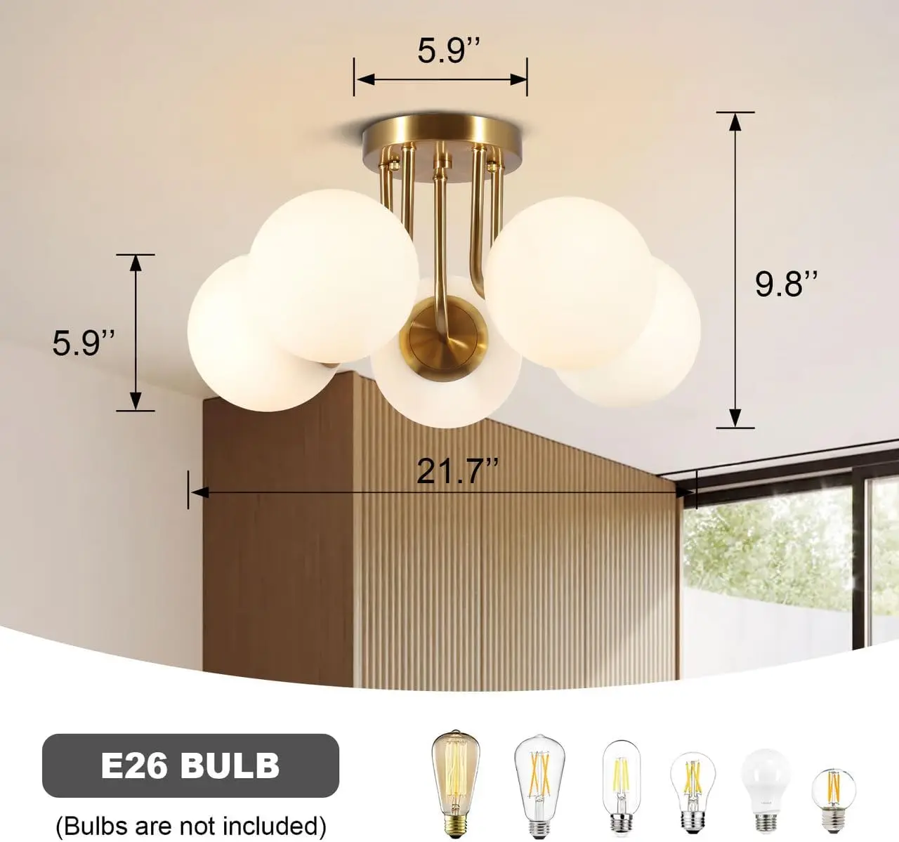 Bektas 5-Lights Semi Flush Mount Ceiling Light Fixture Brushed Gold Light Fixture Bend Modeling With Milk Glass Globe For