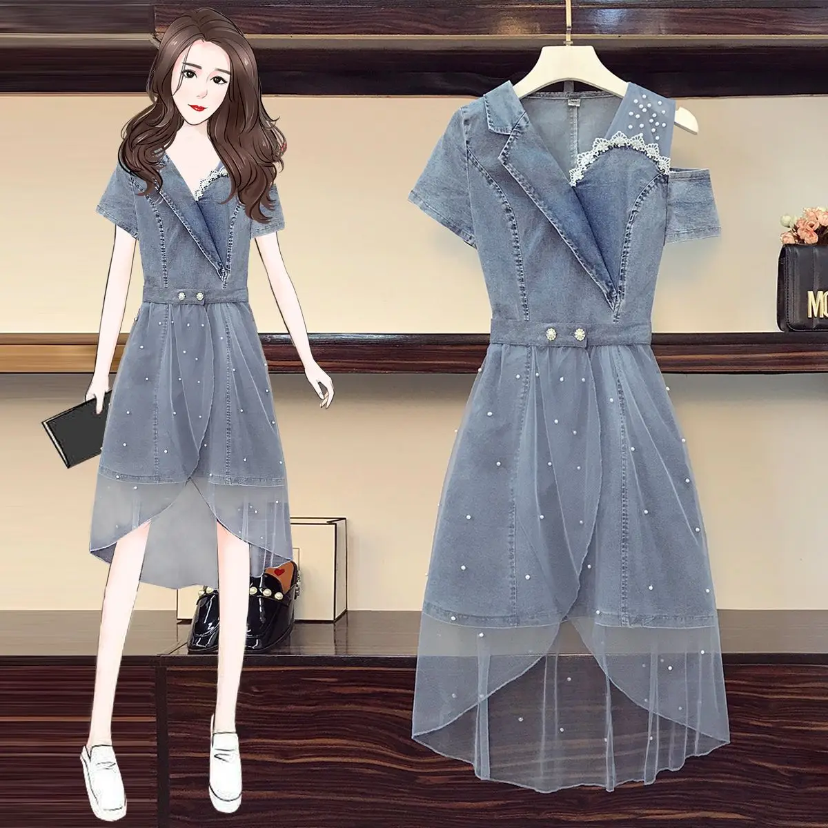 New Mesh Splicing Korean Summer Denim Dress Set, Sweet and Loose Temperament Waist Cinching Skirt for Woman dress setsdress set