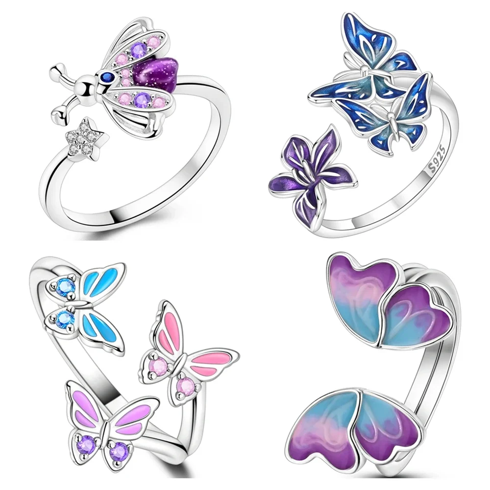 Original 925 Sterling Silver Rings Butterfly Hummingbird Bee Animal Open Adjustable Ring For Women Girls Jewelry Birthday Annive