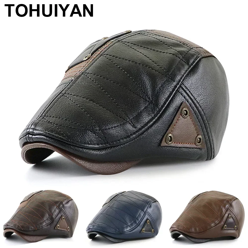 

TOHUIYAN 2024 Leather Newsboy Caps for Men Boina Hombre Berets Hats Autumn Winter Warm Flat Cap Vintage Male Gorras Gatsby Hat