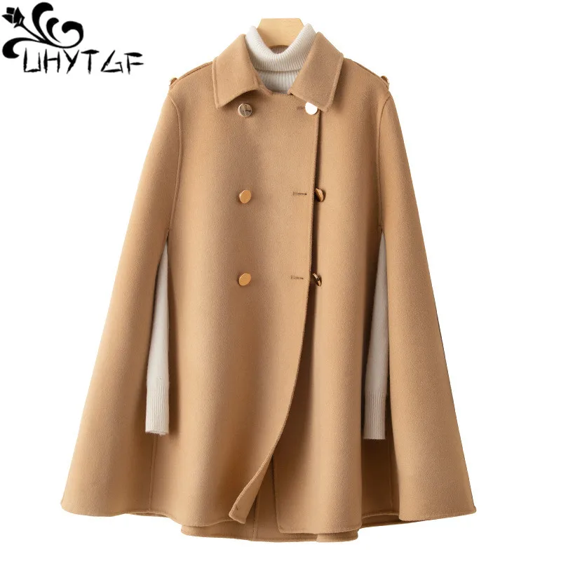 

UHYTGF High-End Double Sided Cashmere Coat Female Mid Long Bat Cape Autumn Wool Jacket Women Double-Breasted Loose Outewear 2367