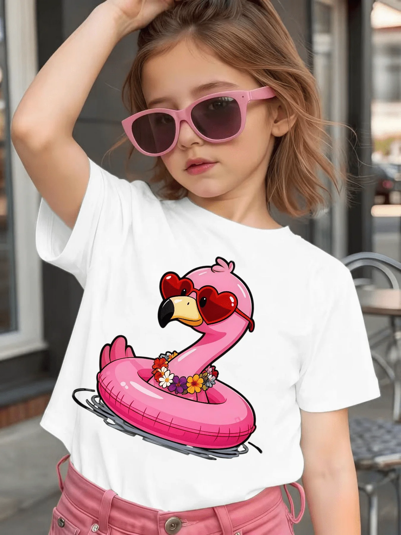 Cute Flamingo Swim Ring Heart Glasses Graphic Kids Tee Boys Girls Family Matching Cotton Crew Neck Short Sleeve Soft Summer Tee