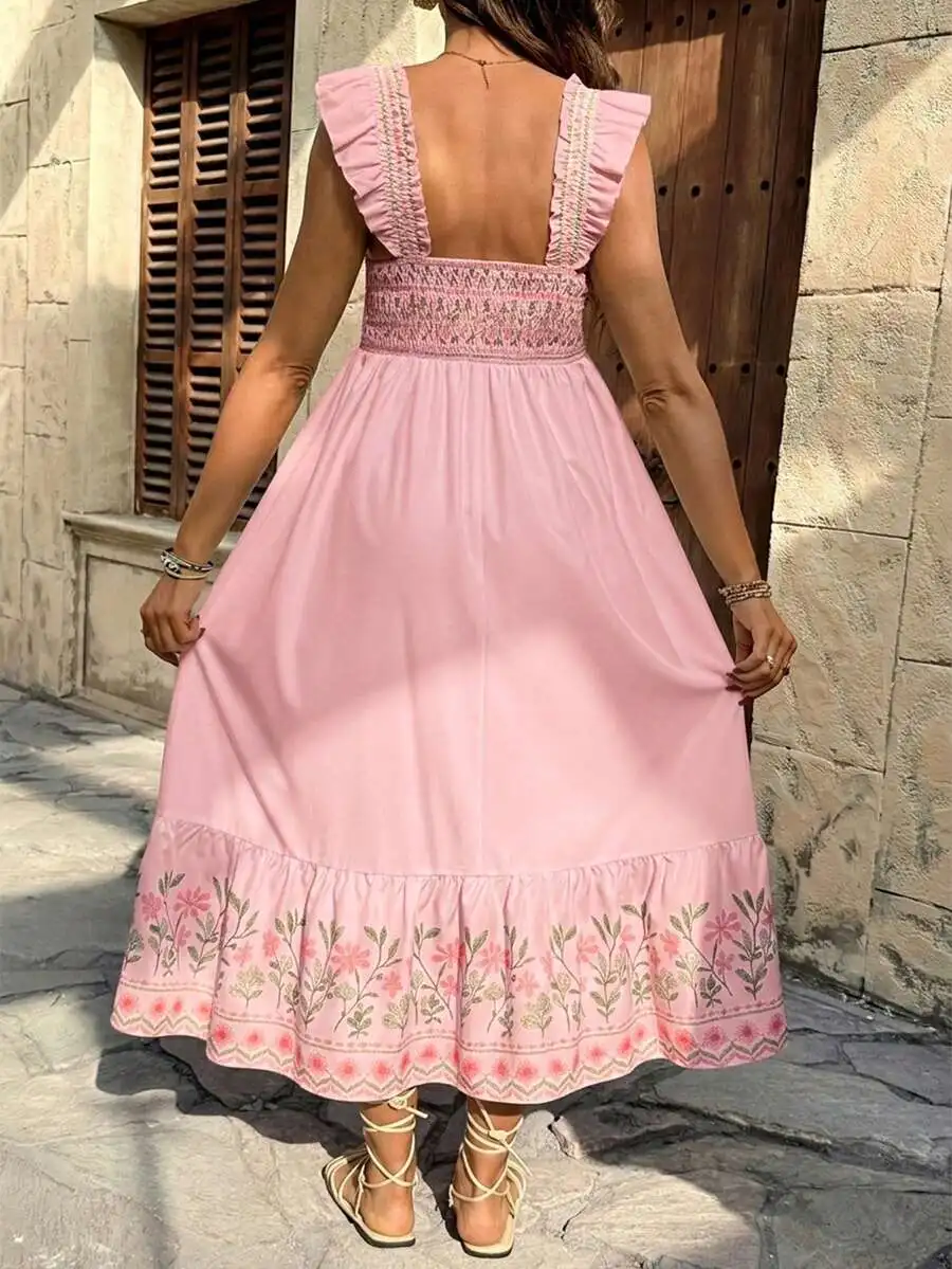 Casual Floral Print Sleeveless A-Line Dress With Ruffles And Embroidery