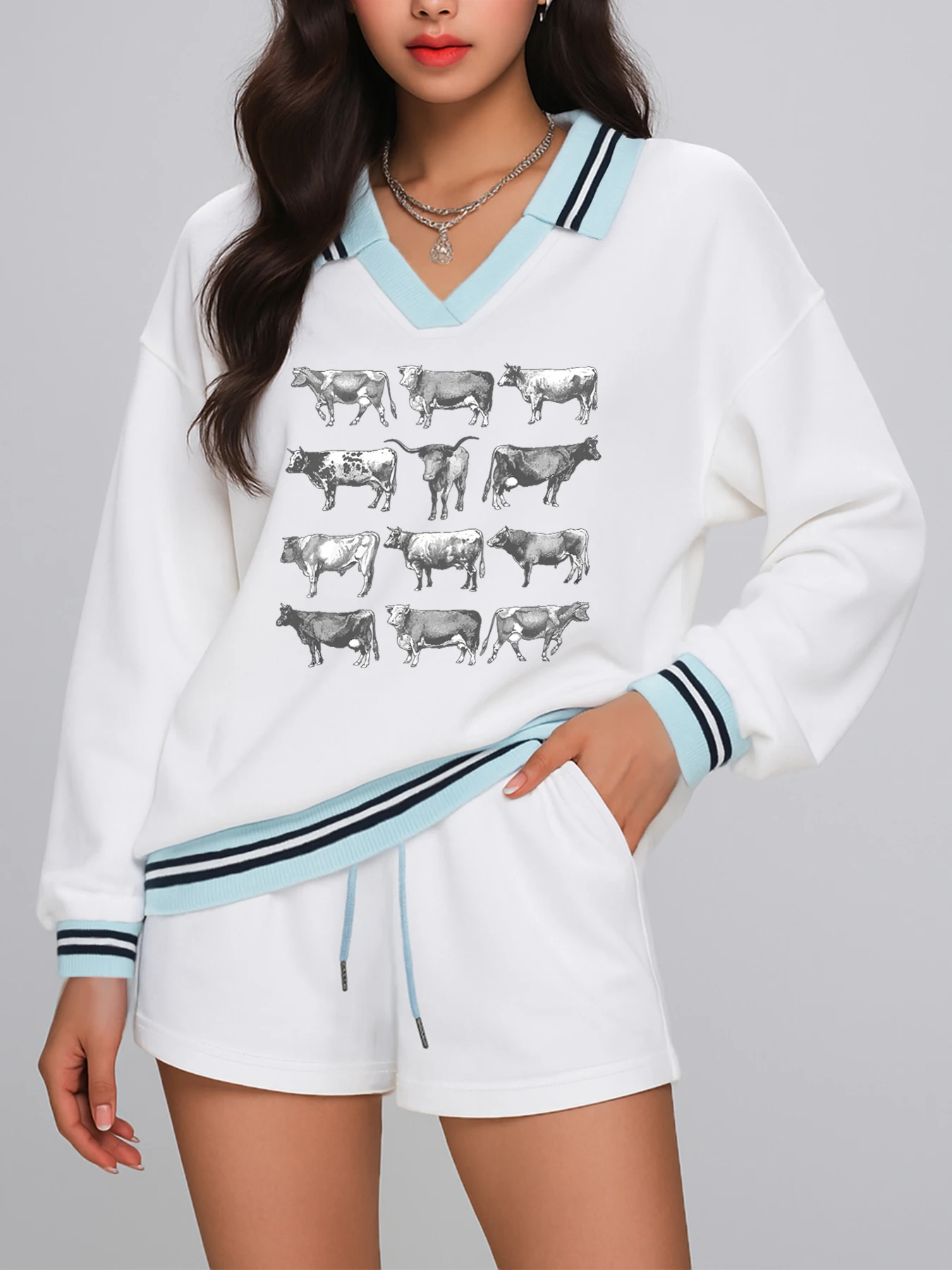 بدلة غير رسمية على طراز الكلية الأمريكية للنساء، سترة رياضية خريفية بأكمام طويلة، شورت برباط، بدلة من قطعتين