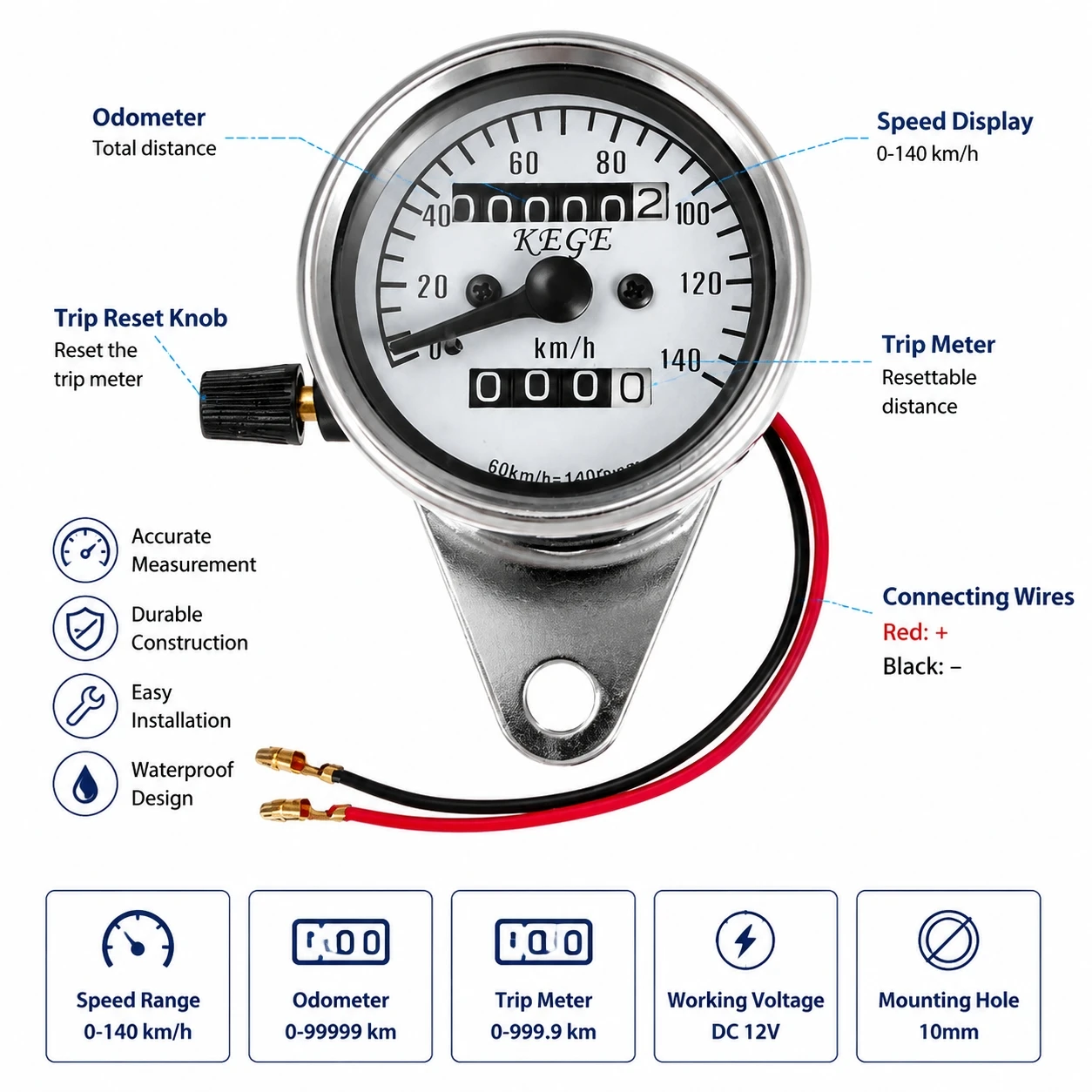 Motorcycle Retro Mechanical Speedometer 0-140KM/H Resettable Dual Odometer Chrome Kilometer Gauge Motorbike Modification Parts