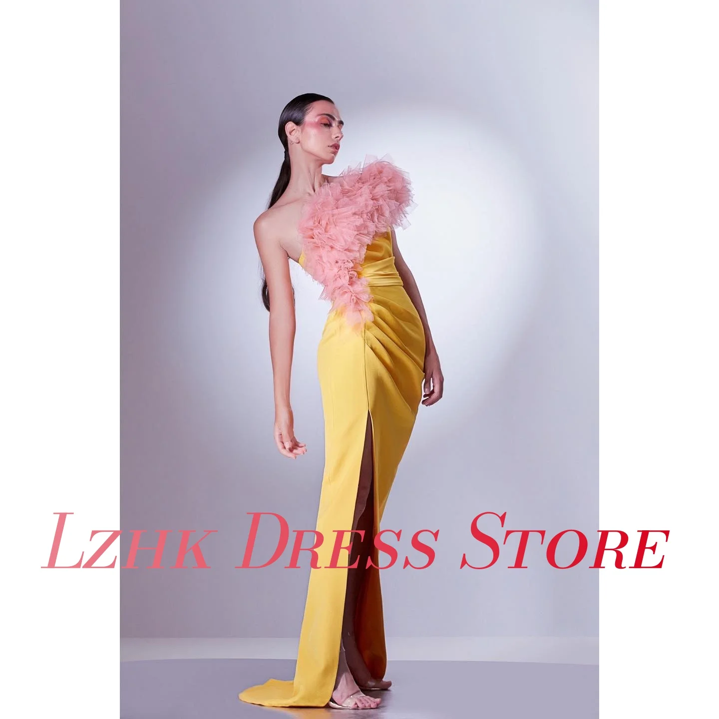 Customized Sexy Jersey Mermaid One Shoulder Tiered Ruffles Evening Dress Delicate Short Sleeves Floor Length Celebrity Gowns