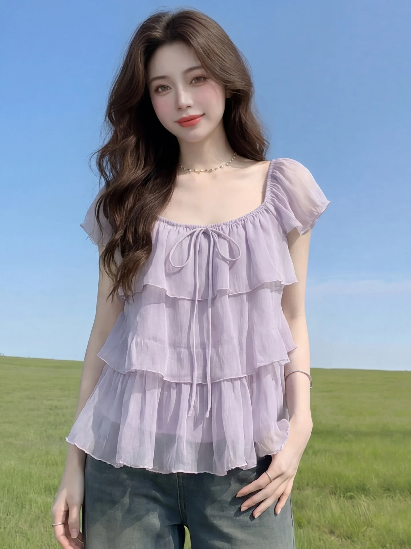 

Sweet Summer Short Sleeve Chiffon Shirt Women's Style Bow Tie Bordered Blouse Korean Version Loose Fit City Walk Commute