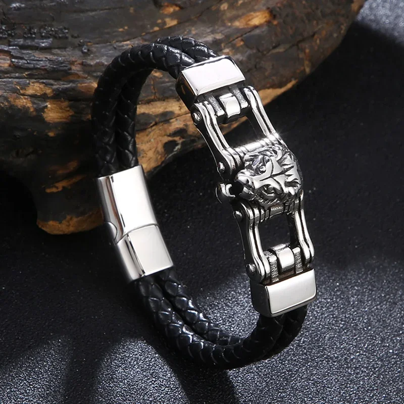 Stainless Steel Lion Accessories Men Leather Bracelet Punk Rock Black Leather Magnet Buckle Male Bracelets Christmas Gift SP1557