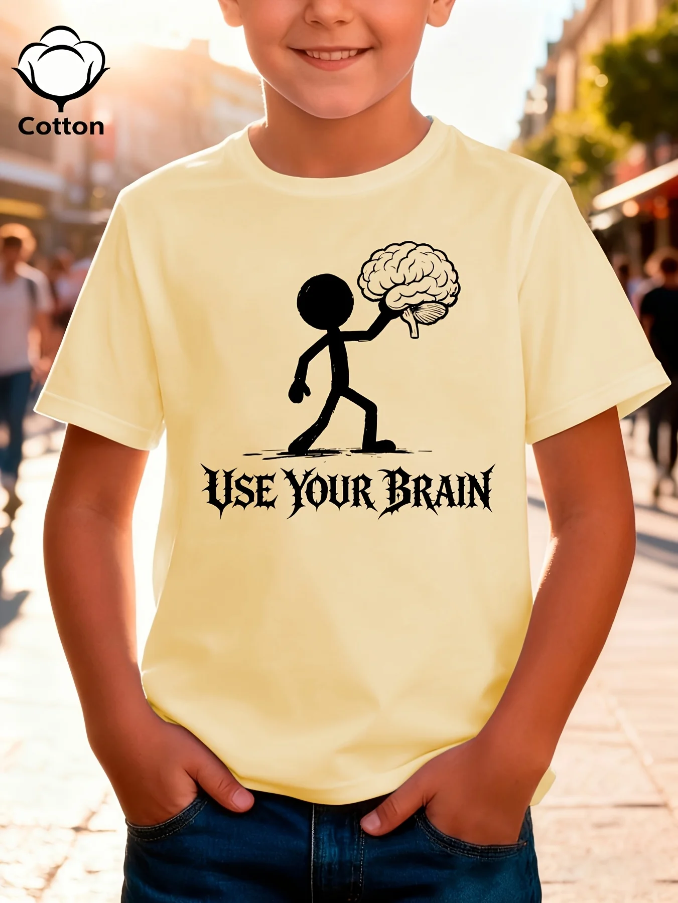 Kids  Cotton Tee Use Your Brain Stick Figure Holding Brain Gothic Font Print Crew Neck Short Sleeve Humor Casual Tops