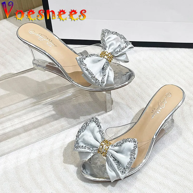 New High Heels Summer Slippers Fashion Elegant Party Transparent Women Shoes Satin Big Bow Wedge Sandals 8CM Pink Pumps Size 43