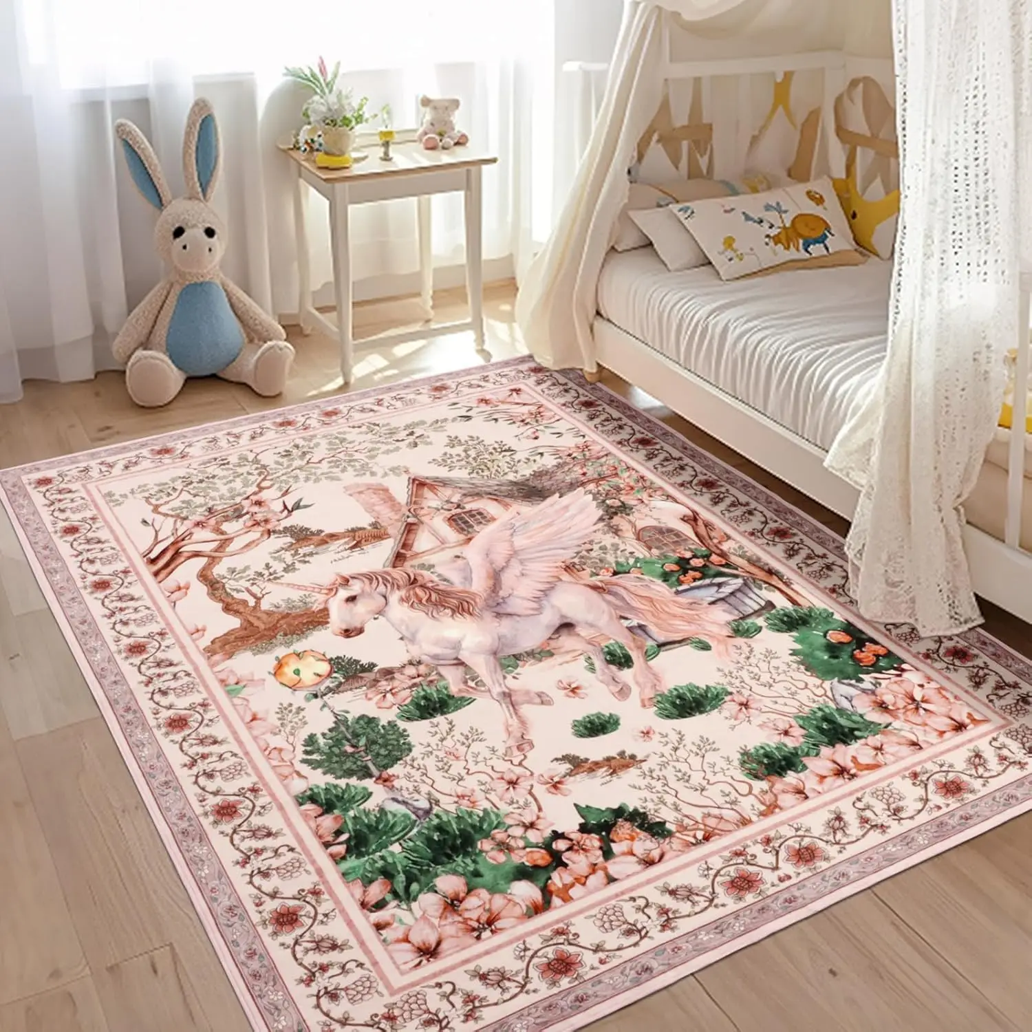 

Unicorn Animal Print Living Room Bedroom Rugs Soft, Floral Botanical Kids Girls Nursey Playroom Floor Carpets for Dining Room