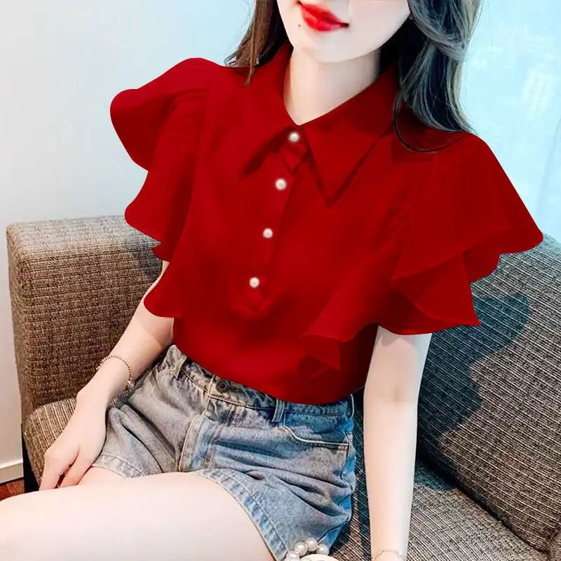 

Minimalist Commuter 2024 Summer New Women's Polo-Neck Button Spliced Butterfly Sleeve Fashion Sweet Chic Basic Chiffon Blouse