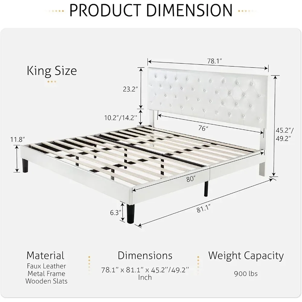 King Bed Frame with Button Tufted Headboard Faux Leather Upholstered Wooden Slat Support No Box Spring Needed Bed Frame