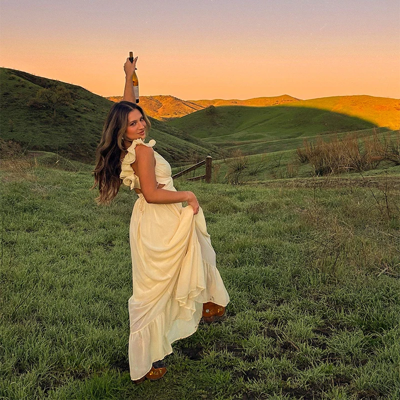 

Длинное платье с эластичной резинкой на талии, без рукавов и открытой спиной, длинное платье на шнуровке с глубоким v-образным вырезом, двухслойный халат, новинка 2023 года, летнее женское платье Vestdios