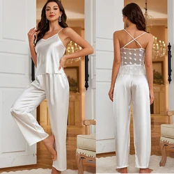 NEW Women's Pajamas Set Lace Hollow Back Ice Silk Thin Sling Nightwear Elegant Sexy Loungewear Trousers Sleepwear Sets