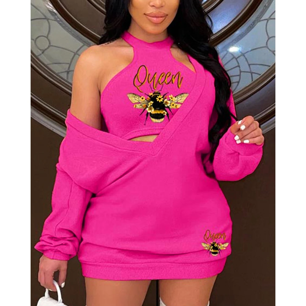 

Letter Bee Print Sweatshirt Dress With Crop Tank Top For Women Long Sleeve Sexy Deep V Neck Female Casual Dress y2k