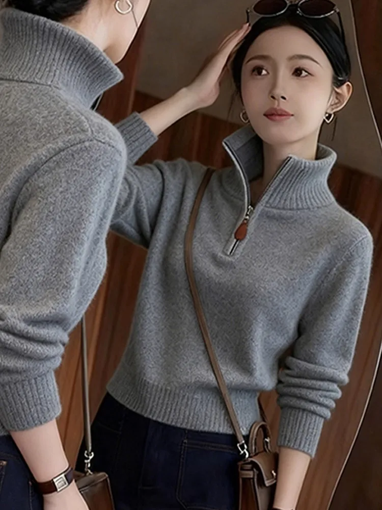 เสื้อสเวตเตอร์คอสูงถักไหมพรมสำหรับผู้หญิง ทรงเข้ารูป ซิปด้านหน้า ไซส์เล็ก ดีไซน์โดดเด่น สำหรับฤดูใบไม้ร่วงและฤดูหนาว