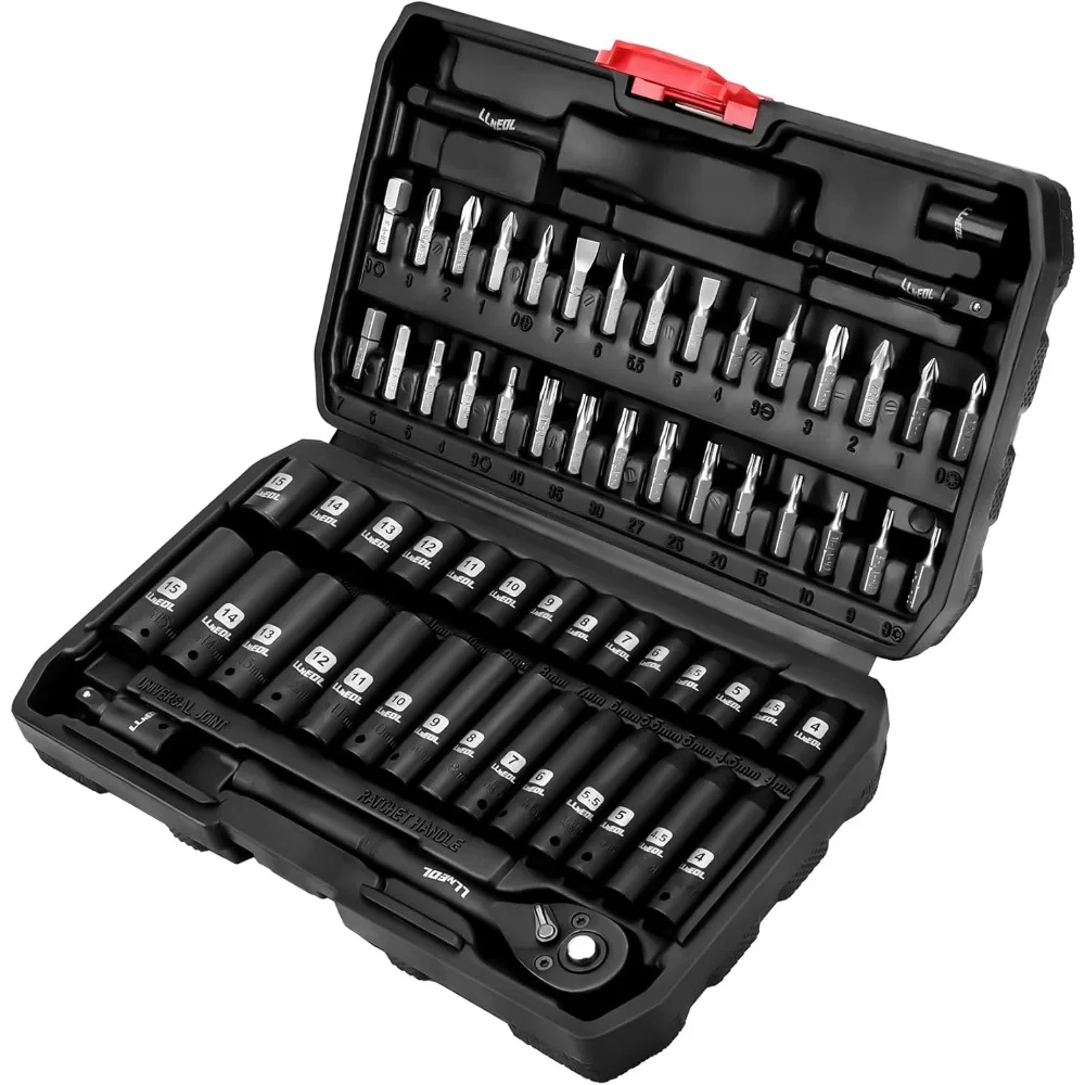 Impact Socket Set, 63 Piece Drive Socket Wrench Set Metric Deep and Shallow 6 Point, Automotive Tool Kit with 72T Ratchet