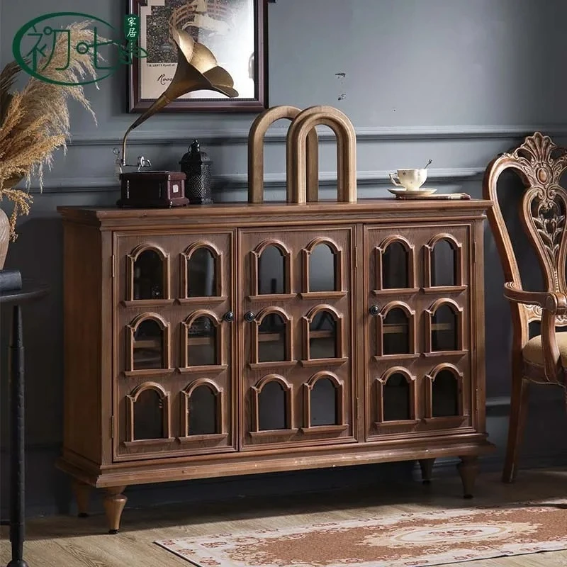 Medieval style decorative locker glass door dust cabinet walnut color retro home storage cabinet
