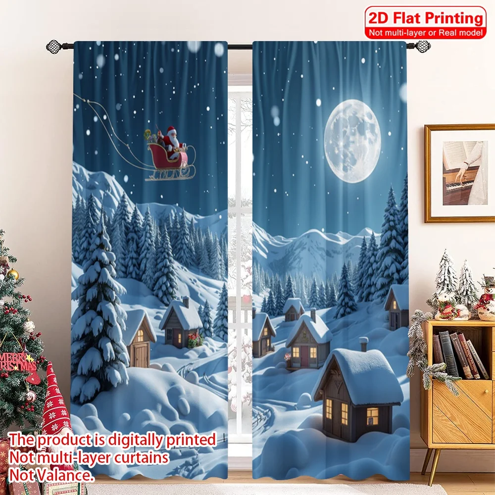 

2pcs 2D flat printing Merry Christmas Popular Curtains Santa Sleigh Village Snow 100% Polyester Without Electricity Party