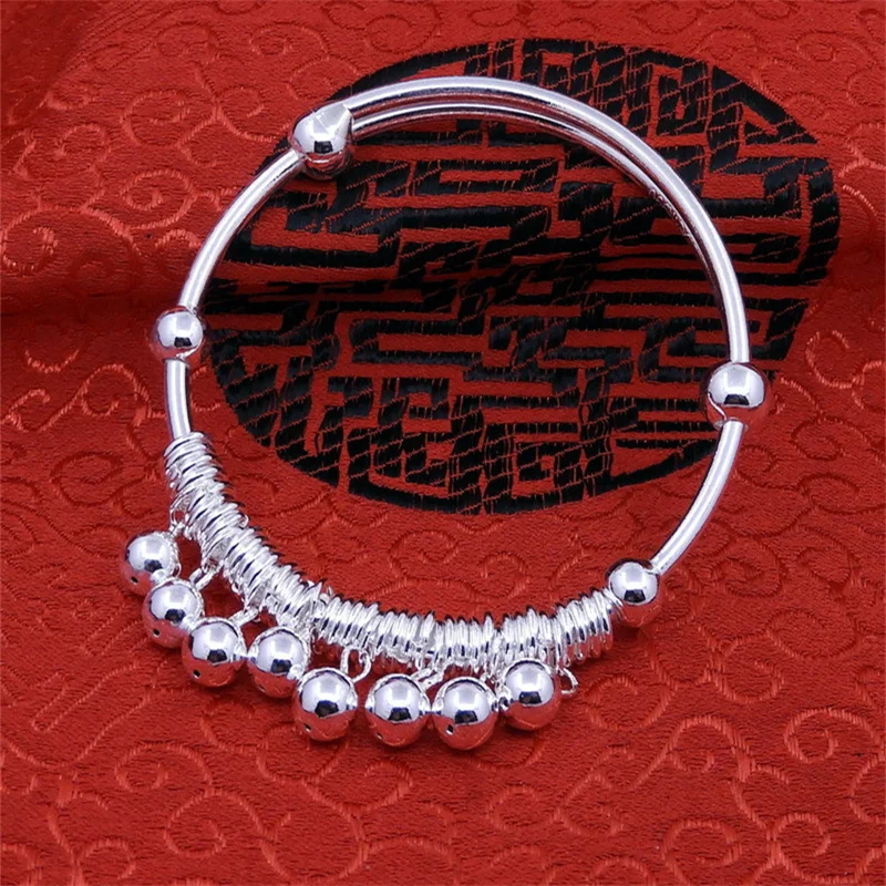 999 Sterling Silver Push Pull Adjustable Bangle for Women Spring Coil Bead Charms Polished Ball Dangle Bracelet Elegant Stackabl
