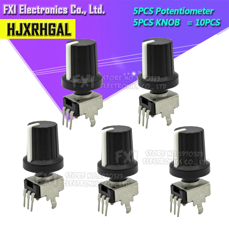 5 Sets RV09 Vertical 1K 10K 20K 50K 100K 500K Ohm Adjustable Resistor 9 Type 3pin Seal Potentiometer for Arduino with knob cap
