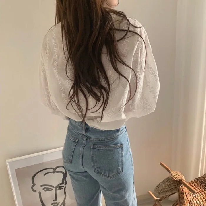 Primavera Autunno 2025 Coreano Sle Fre Ricamato Pizzo Lungo Sve Casual irt Vintage Ele Faionable Camicetta da donna