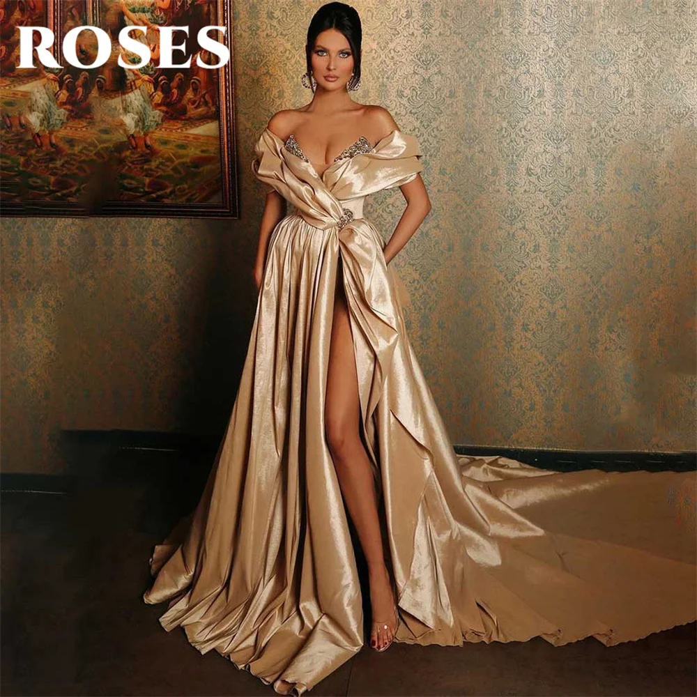 

ROSES Champagne A-Line Prom Dress Sequins Formal Gown Off The Shoulder V-Neck Evening Dress with High Split vestidos de fiesta